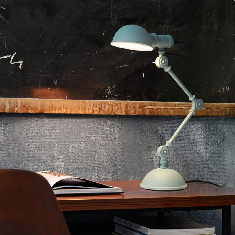 Настольная лампа В индустриальном стиле, винтажная железная лампа, вращающаяся Роботизированная Настольная лампа для спальни, кабинета, чтения, настольные лампы, украшения - Цвет абажура: Blue