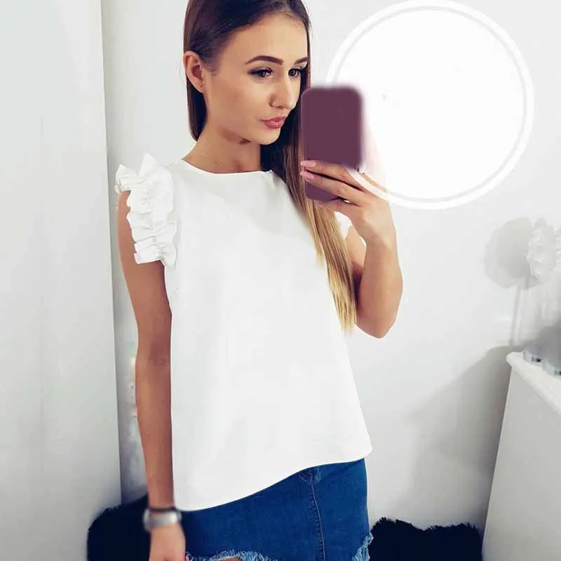 Tide Vogue Pop Tide красивые летние модные женские повседневные блузки с круглым вырезом без рукавов с оборками рубашки сексуальные тонкие однотонные топы с оборками