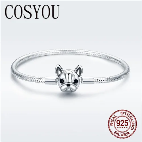 Goedkoop COSYOU 100% Echt 925 Sterling Zilveren Franse Bulldog Doggy Snake Chain Vrouwen Armband Bangles Zilveren Sieraden 17 19CM SCB075