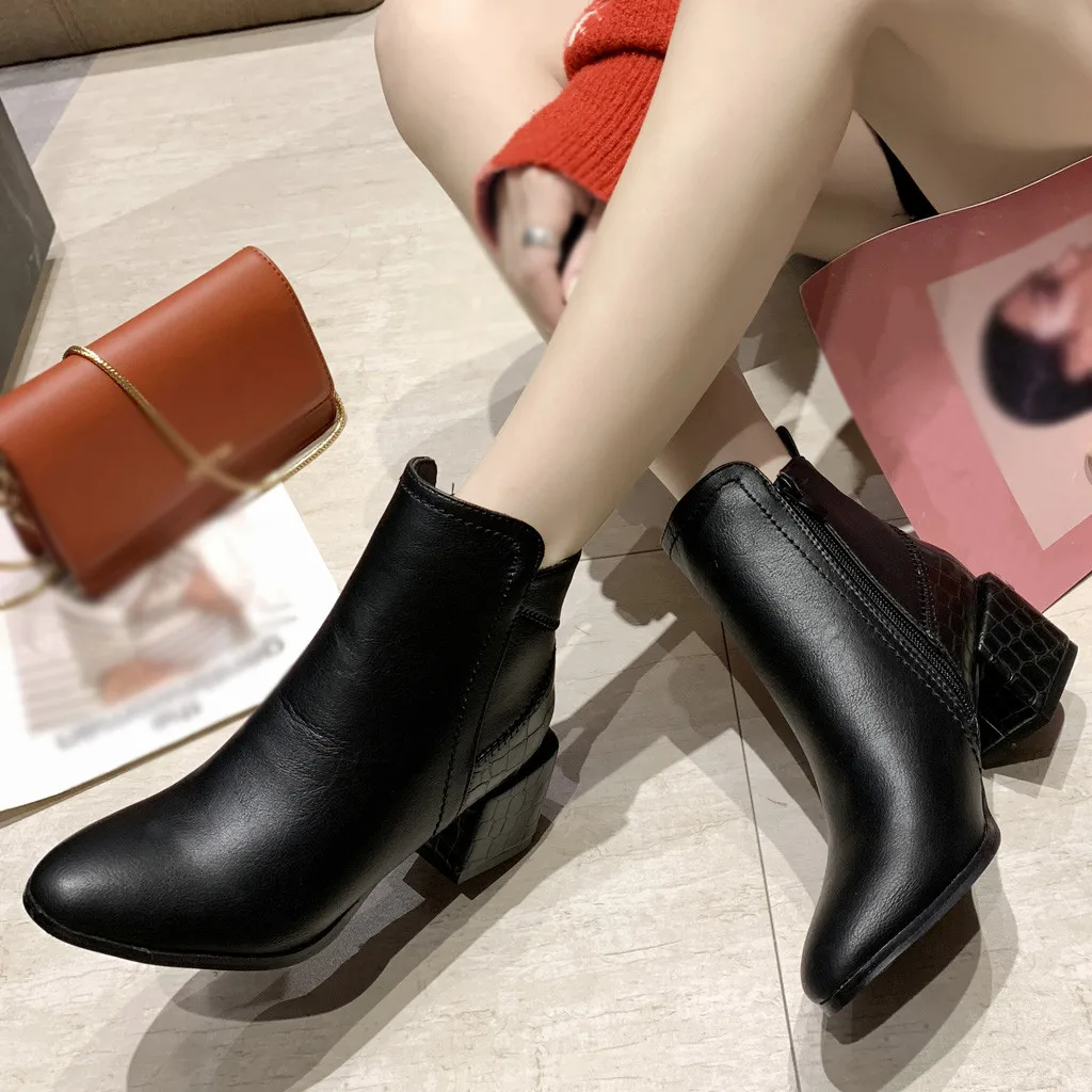 

Ankle Boots for Women Fashion Alligator Pattern Suqare Heels Shoes Zipper Short Boots Round Toe Shoes Ladies Black Med Heel Boot