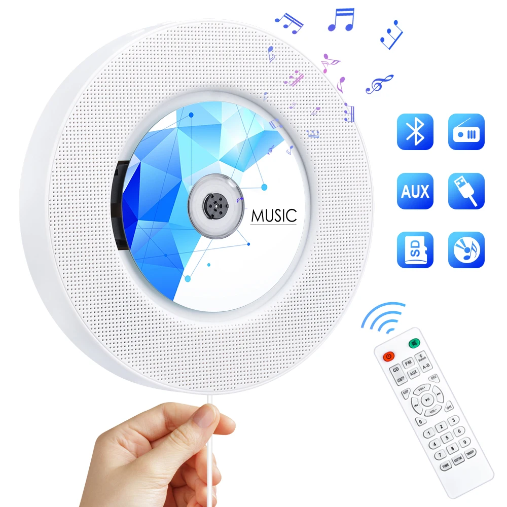 

Qosea Wall Mounted CD Player Bluetooth LED Display Built-in HiFi Speaker Audio with Remote Control FM Radio Home Stereo Device