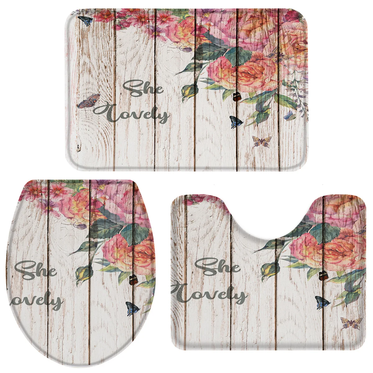 3 Pieces Bathroom Set Flower Butterfly She Lovely Wood Texture Bath Toilet Cover Mat Pedestal Rug Non-Slip | Дом и сад