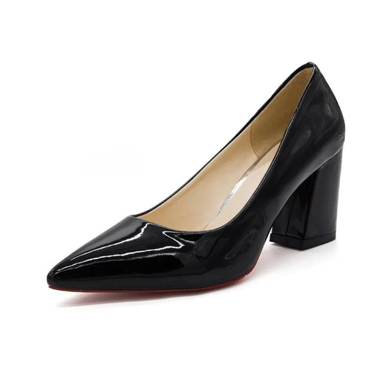 

New Women Pumps Black High heels Lady Patent leather Thick with Autumn Fashion wild Pointed Single Shoes Female Sandals K16-16