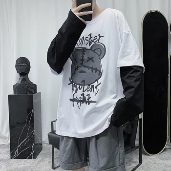

Men's T-shirt 2020 spring new slim cartoon print fake two long-sleeved t-shirts loose casual personality youth men's wear