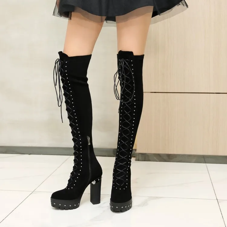 

PXELENA Plus Size 34-42 Women Punk Rivet Gothic Over The Knee Boots Real Leather Chunky High Heels Lace Up Riding Knight Shoes