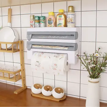 

Wall-mounted Tin Foil Storage Rack Multifunction Kitchen Organizer Preservative Film Dispenser Sauce Roll Paper Storage Box