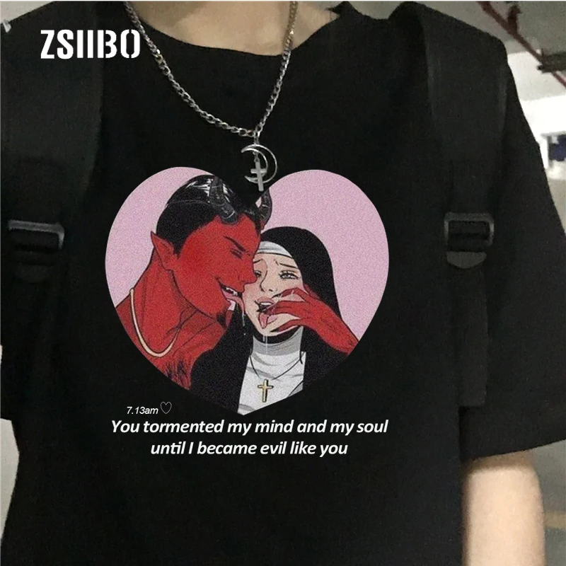 Harajuku Новый дьявол темные буквы печати Забавный свободный короткий рукав топы