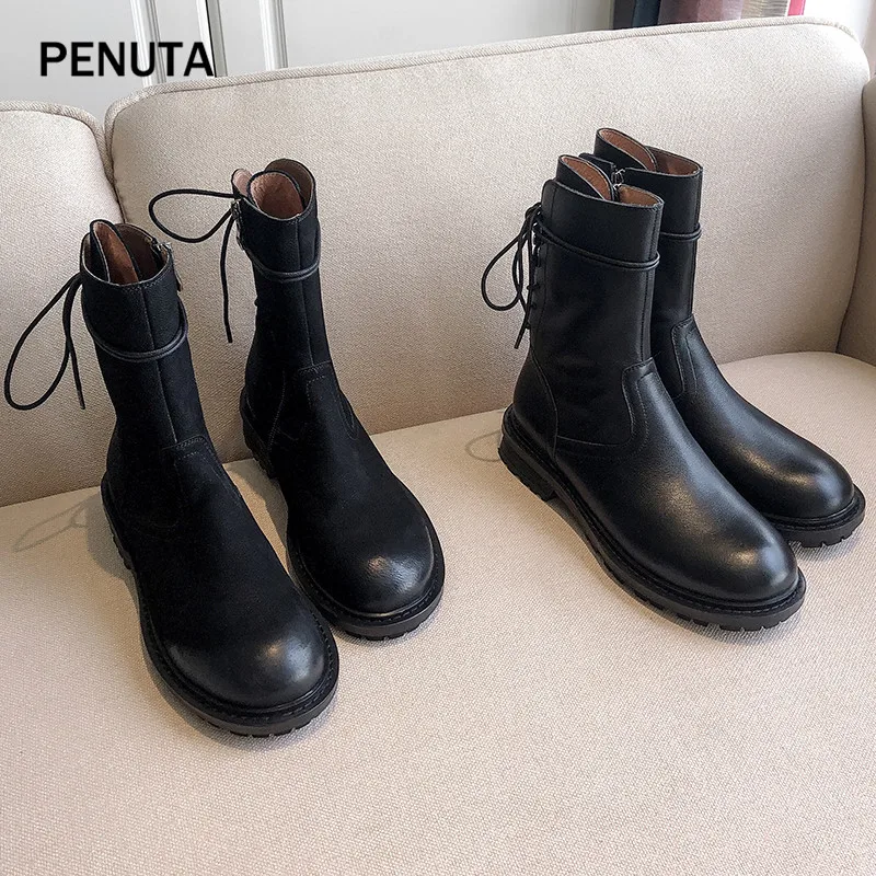 PENUTA кожаные сапоги до середины икры; женские Ботинки martin из натуральной кожи; Модные женские ботинки на шнуровке; сезон осень-зима; PD981