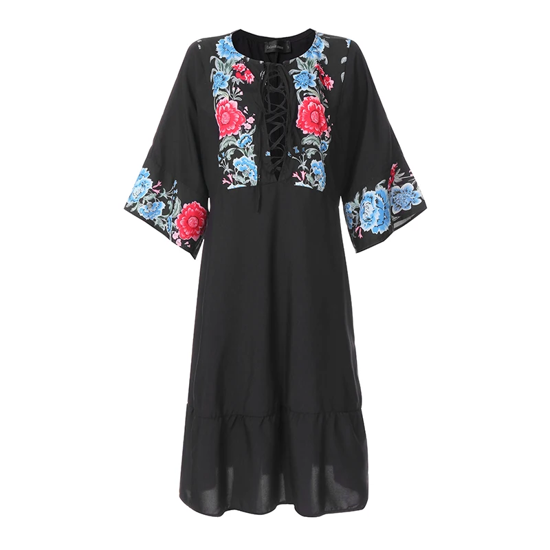 Celmia Summer Holiday Dress Plus Size Women Bohemian Printed Long Shirt Dress Casual Lace Up Loose Midi Vestidos Robe Mujer - Цвет: Черный