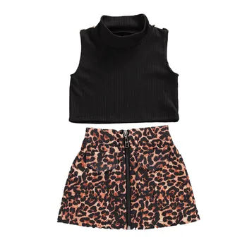 

Toddler Baby Girls Summer Clothing Ribbed Knitted Sleeveless T-shirts+Leopard Print Zipper Mini Skirts Casual Outfits for Girls