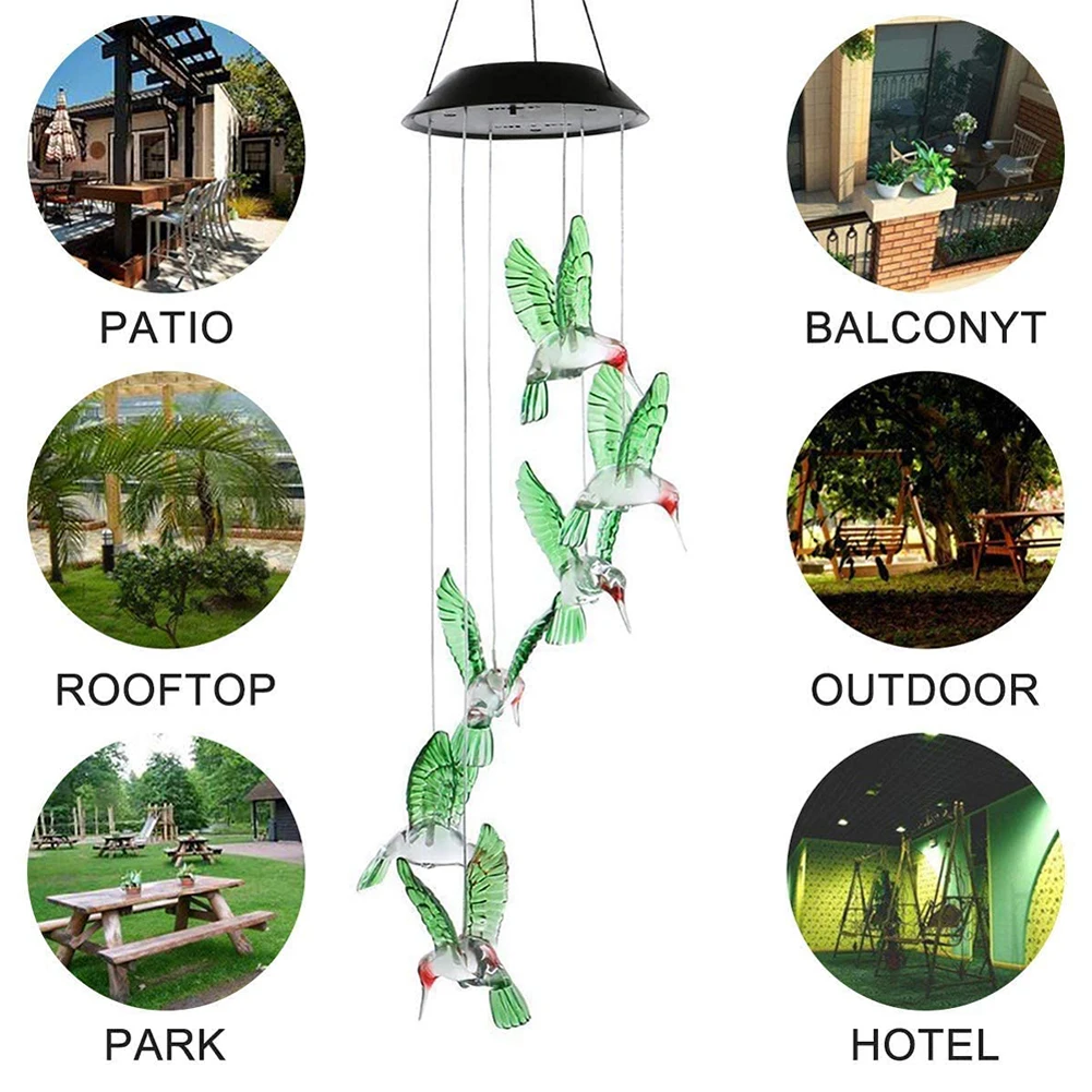 Outdoor Hanging Home Garden Romantic Hanging Pendant Wind Chimes Lights Led Solar Hummingbird Wind Chimes Color Changing Light 6