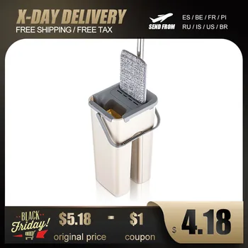 

Flat Squeeze Mop Bucket with Carry Handle, No Hand Washing Lazy Mop Self Cleaning Magic Mop for Wet & Dry Safe on All Surfaces