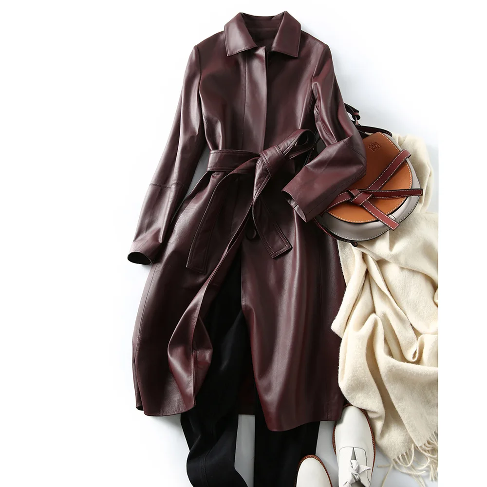 Women's Genuine Leather Coat Lace Up Sheepskin Jacket Long Trench Large Size Tops Spring And Autumn