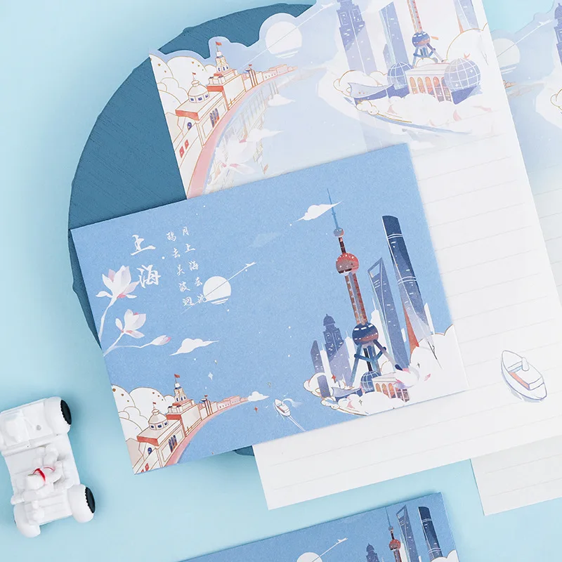 7 ciudades juego de papel de carta de dibujos animados de la ciudad de Set combinado papelería postal Color de la página sobre Ciudad Creativa notas