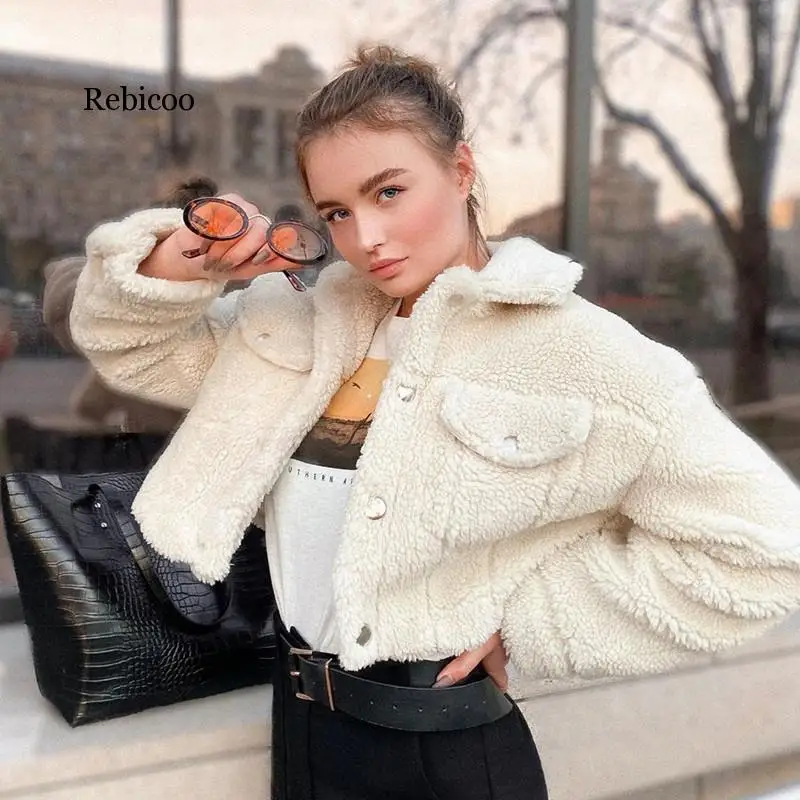 

Winter Lambswool Jackets Fashion Gothic Faux Fur Short Coat High waist Pocket Lapel Women Clothes Casaco Feminino