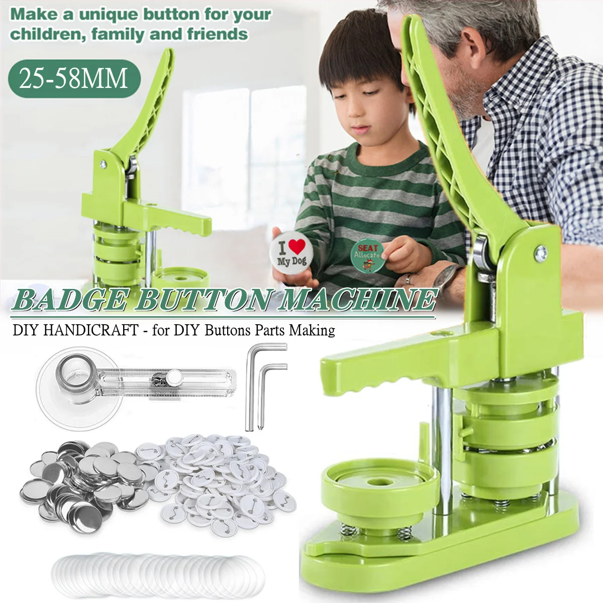 Badge Maker Button Maker Machine Kit 25-58MM with 100-500Pcs Button Parts Circle Cutter