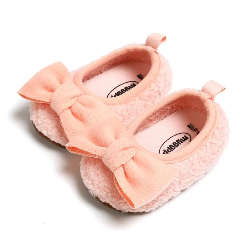 pink Baby Girl Breathable Plush Bowknot Anti-Slip Casual Sneakers Toddler Soft Soled Walking Shoes - Цвет: pink