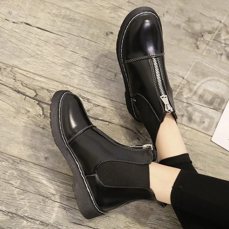 

Women Autumn Zipper PU Leather Female British Retro Boots Ldaies Non Slip Ankle Boots Women's Square Heels Casual Classic Shoes