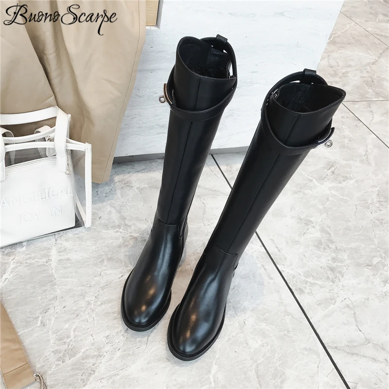 Buono Scarpe/Брендовые женские сапоги из натуральной кожи с металлическим замком; кожаные высокие сапоги с ремешком; Botas Mujer; женские сапоги для верховой езды с круглым носком; Новинка года