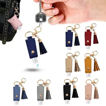 

Tassels Leather Keychain Holder Carriers with 30ml Portable Empty Leakproof Plastic Travel Bottle for Hand Sanitizer