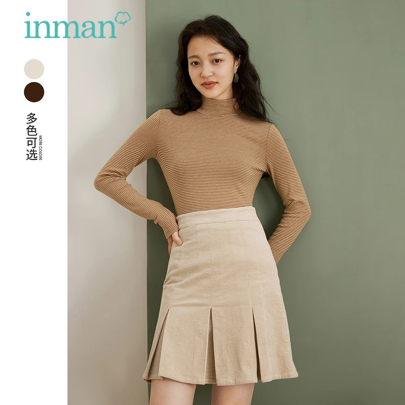 

INMAN Women's Skirt Autumn Winter Elegant Minimalist High Waist Folding Hem Design Beige or Brown A-Line Female's Bottoms