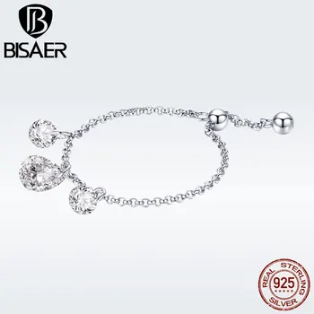 

BISAER Clear Cubic Zirconia Bling Waterdrop Chain Rings for Women 925 Sterling Silver Adjustable Ring Big Size Jewelry GXR485