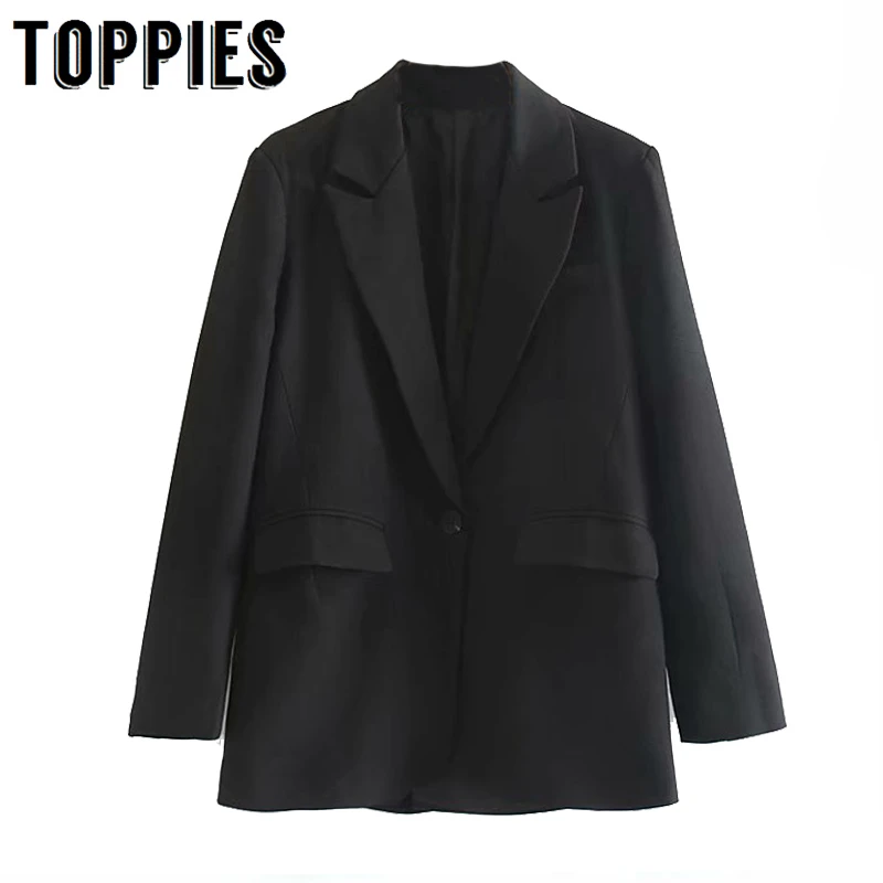 

Black Single Button Suit Jacket Lady Office Loose Coat Fall 2019 Notched Collar Jacket Women Outwear