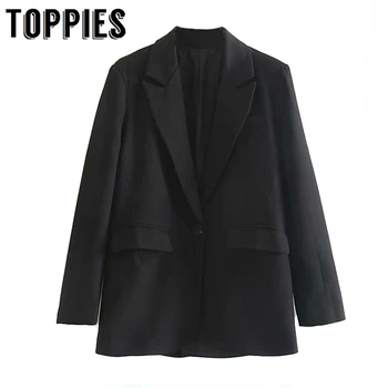 

Black Single Button Suit Jacket Lady Office Loose Coat Fall 2019 Notched Collar Jacket Women Outwear