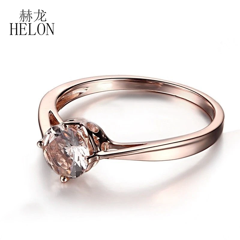 US $209.04 HELON Solid 14K Rose Gold Certified Round 6mm Natural Morganite Engagement Wedding Ring Women Gemstone Trendy Fine Jewelry Ring