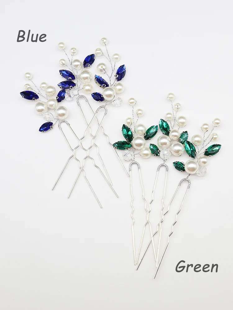Bohe Blue Green Rhinestone Hair Pins 3PCS Women Headpieces Birde Headdress for Hair Clips Pearls Bridal Wedding Accessories