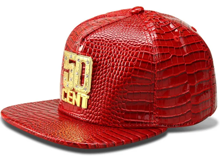 Casquette крокодил Bling Iced Out Gold 50 CENT бейсболки из искусственной кожи с плоскими полями регулируемые хип-хоп мужские шапки - Цвет: Красный