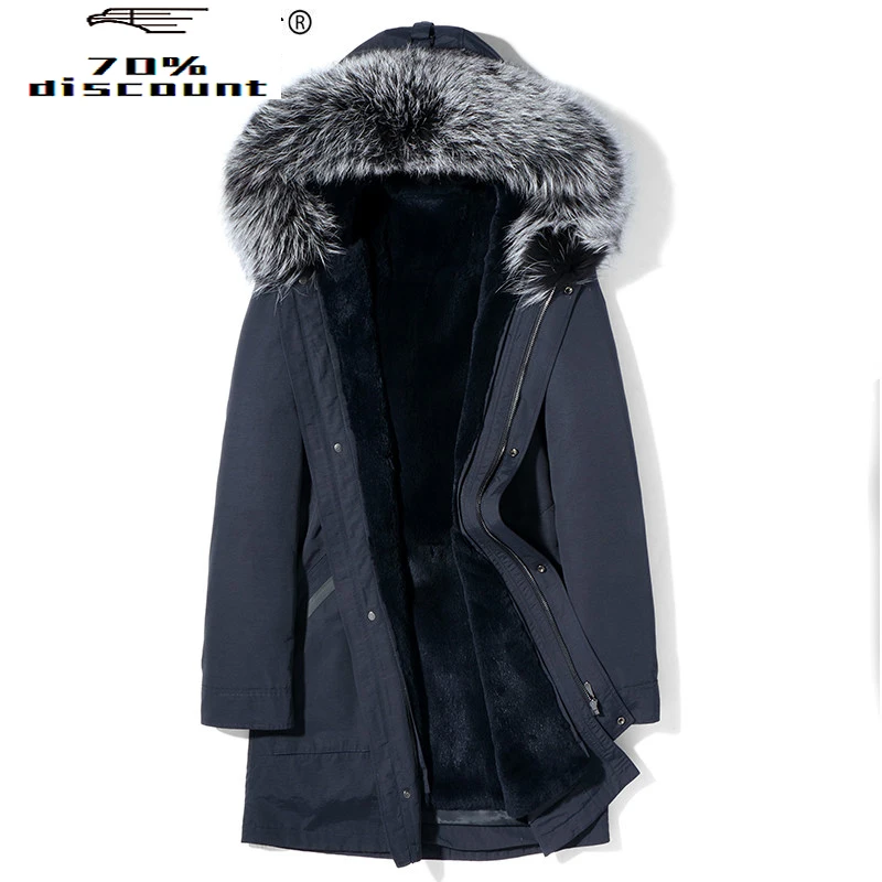 

Parka Real Fur Coat Men Winter Jacket Silver Fox Fur Collar Rabbit Fur Liner Long Warm Parkas Veste MG-2826000 KJ2324