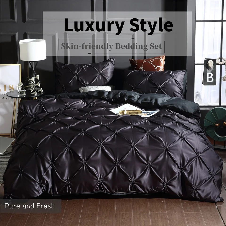 

European Style Washed Silk Luxury Bedding 3 Pieces Black Blue Red Quilt Cover King With Pillowcase Solid Double Duvet Cover Set