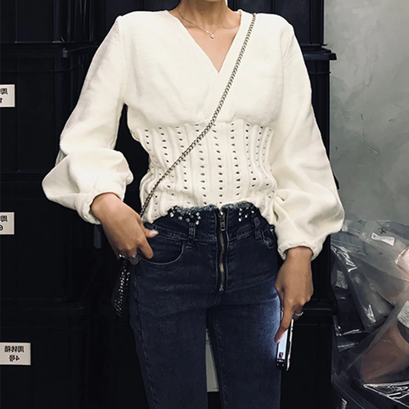 

Spring Autumn Lantern Sleeve White Sweater Women Loose Lazy Pullover Knitting V Neck Sweater Tunic With Holes Pull Femme