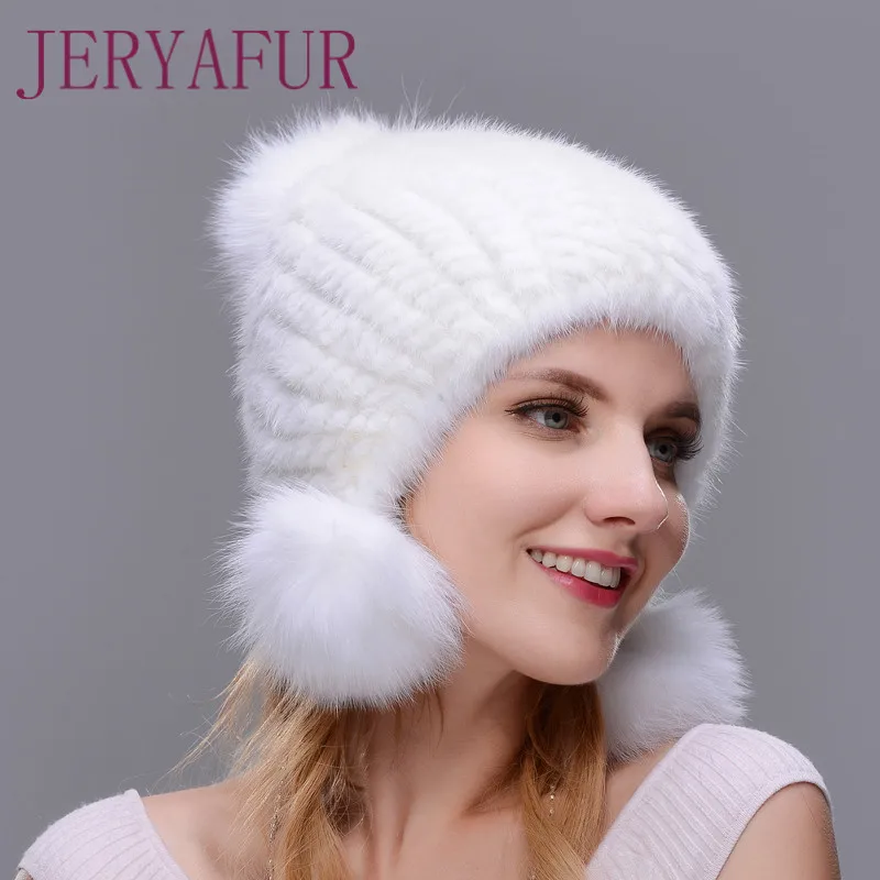 COLOR3 JINBAOSEN frauen Pelz hute Gestrickte Real Nerz Pom Poms mutzen Mode Dicke Warme в зимних шапках Mit 3 fuchs Pelz Kugeln Новинка - Цвет: COLOR3