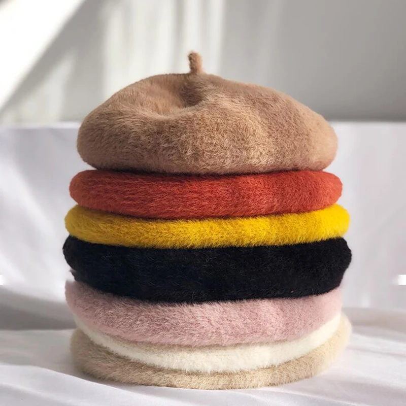 

Women Beret French Artist Warm Wool Winter Beanie Cap Vintage Plain Beret Hats Retro Art Elegant Lady Imitation Mink Velvet Caps