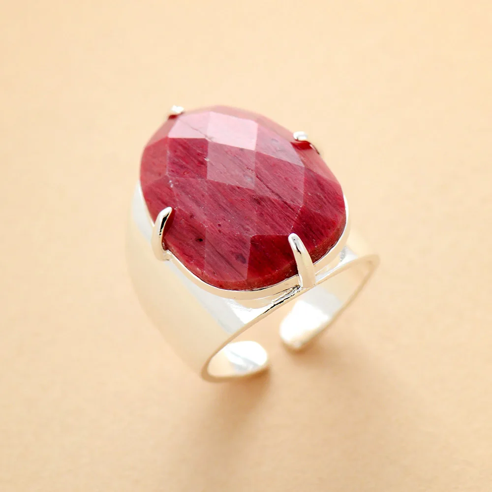 

Premium Big Natural Stone Rings Jewelry Silver Tone Rhodonite Luxury Party Cocktail Ring Bijoux Size 7