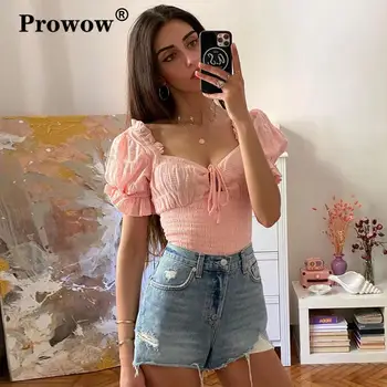 

Short Lantern Sleeve Ruched Ruffle Blouse Women Square Neck Lace-up Ruched Slim Summer Tops Backless Fashion Casual Pink Top