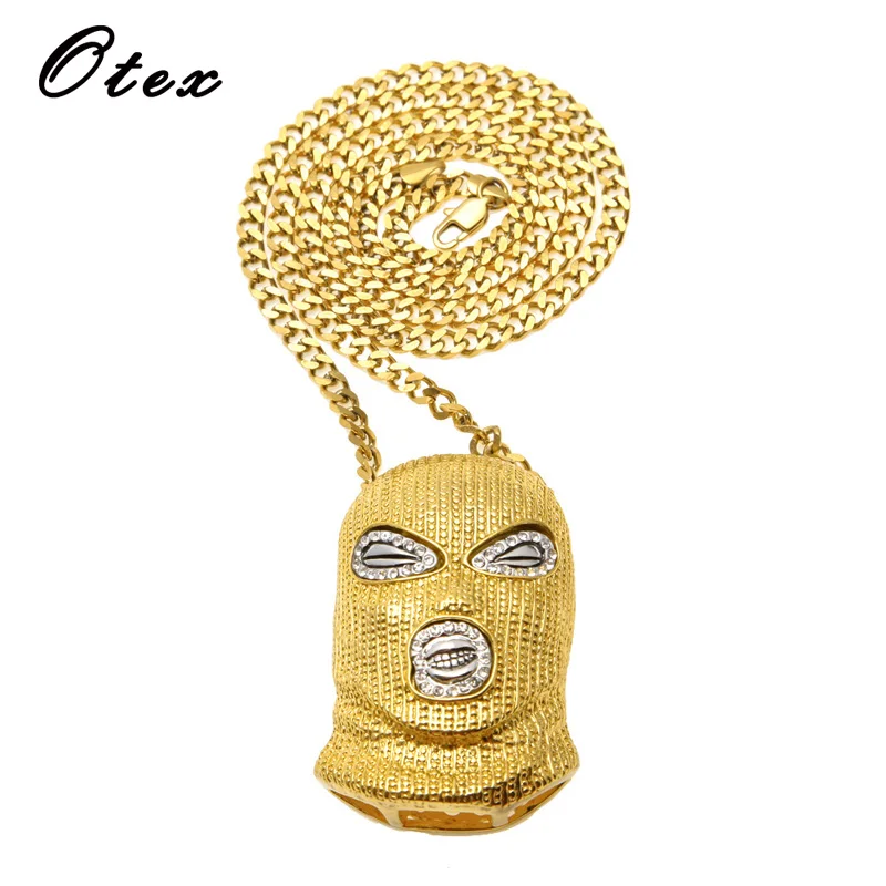 Hip Hop CSGO Pendant Necklace Punk Style Bling Copper Cuban Chain Rhinestone Gold Color Mask Head Charm Men's Rock Jewelry Gift |