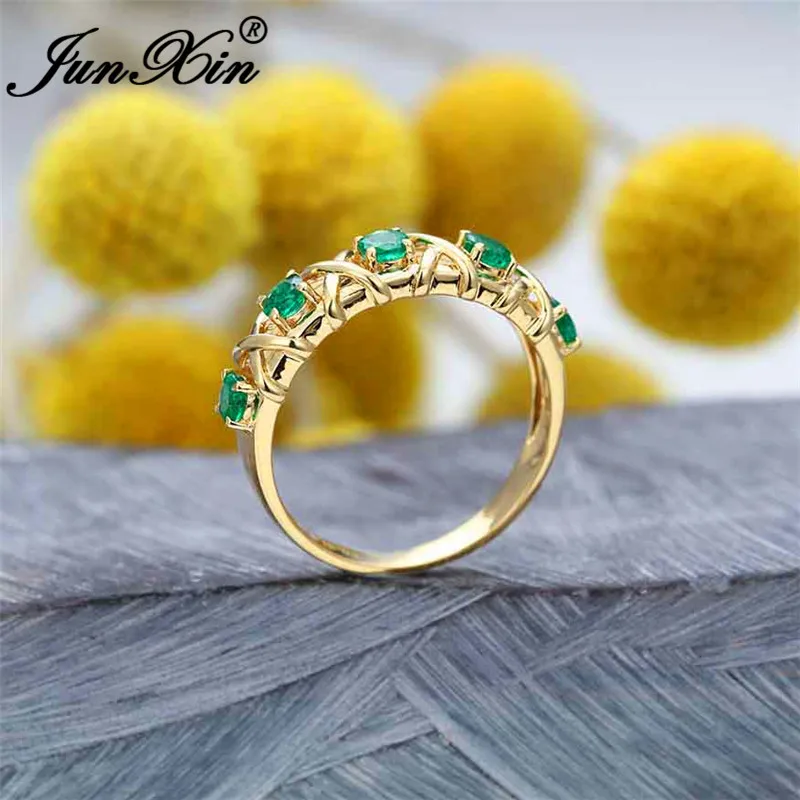 Boho Female Crystal Green Stone Rings For Women Yellow Gold Dainty Round Zircon Thin Ring Band Wedding Engagement Ring Female CZ