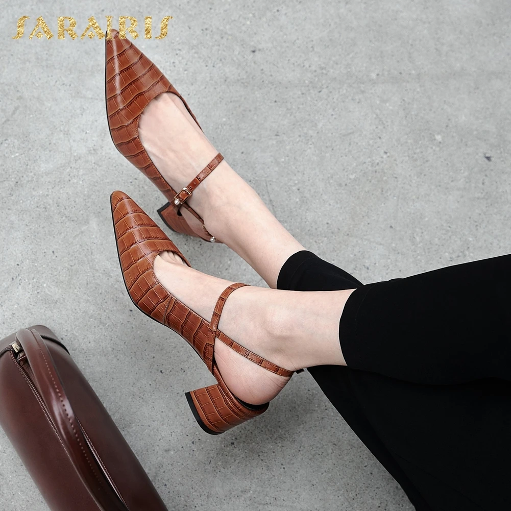 

Sarairis New Arrivals 2020 Genuine Leather Buckle Strap Summer Sandals Woman Shoes Chunky Heels Pointed Toe Lady Shoes Women