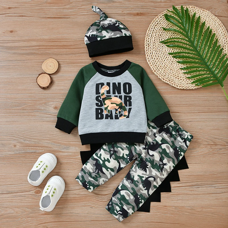 

3 Pcs Cool Baby Boys Sets Long Sleeve Round Neck Lettering Dinosaur Tops Elastic Waist Camouflage Long Pants Hat