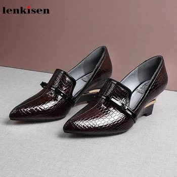 

Lenkisen genuine leather print fashion bowtie pointed toe high heels simple office metal wedges slip on autumn women shoes L19