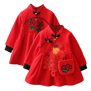 

Winter Children's Chinese Style Printed Plus Velvet Dress + Small Shoulder Bag New