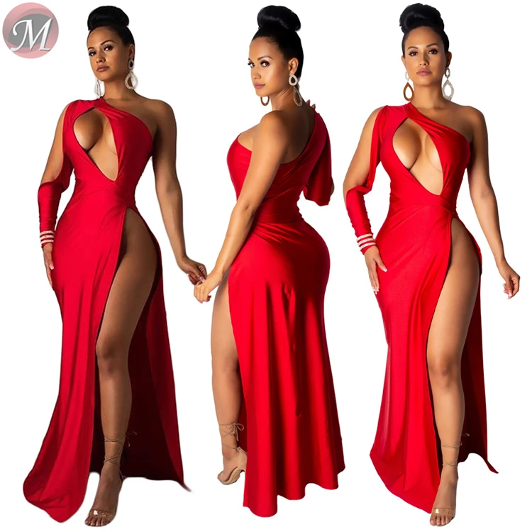 9060618 queenmoen latest design fashion sexy sloping shoulder single cuff high slit woman club party dress