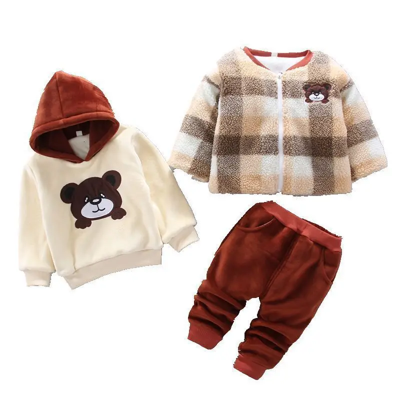 

Winter Children Plus Velvet Padded Clothes Toddler Boy Girl Warm Hooded Coat Pants 3Pcs/sets Infant Kids Fashion Baby Tracksuits