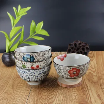 

10PCS/Set Japanese Classic Style 4.25-inch Ceramic Rice Bowl Hand Painting Antique Simple Household Round Cooked Rice Small Bowl