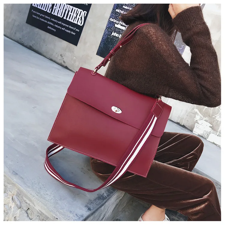 2019 Woman Briefcase Bag Leather Handbags Ladies Vintage PU Shoulder Bag Crossbody Satchels Office Document Bag Wide strap Purse (18)