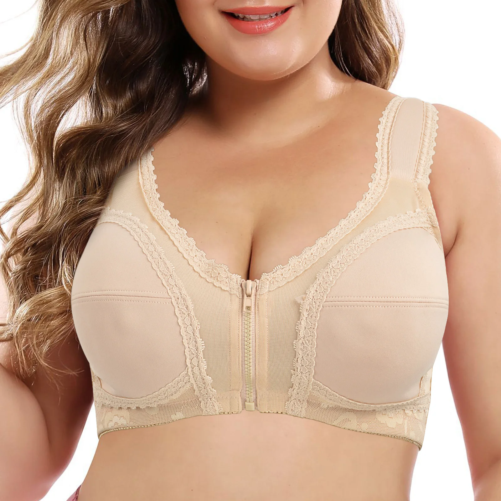 

YBCG Front Closure Wireless Women Underwear Floral Lace Back Adjusted-Straps Unlined Full Cup New Ladies Everyday Solid
