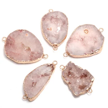 

Natural Druzy Agates Pendant Connectors Irregular Gold Plated Double Hole Connectors for DIY Jewelry Making